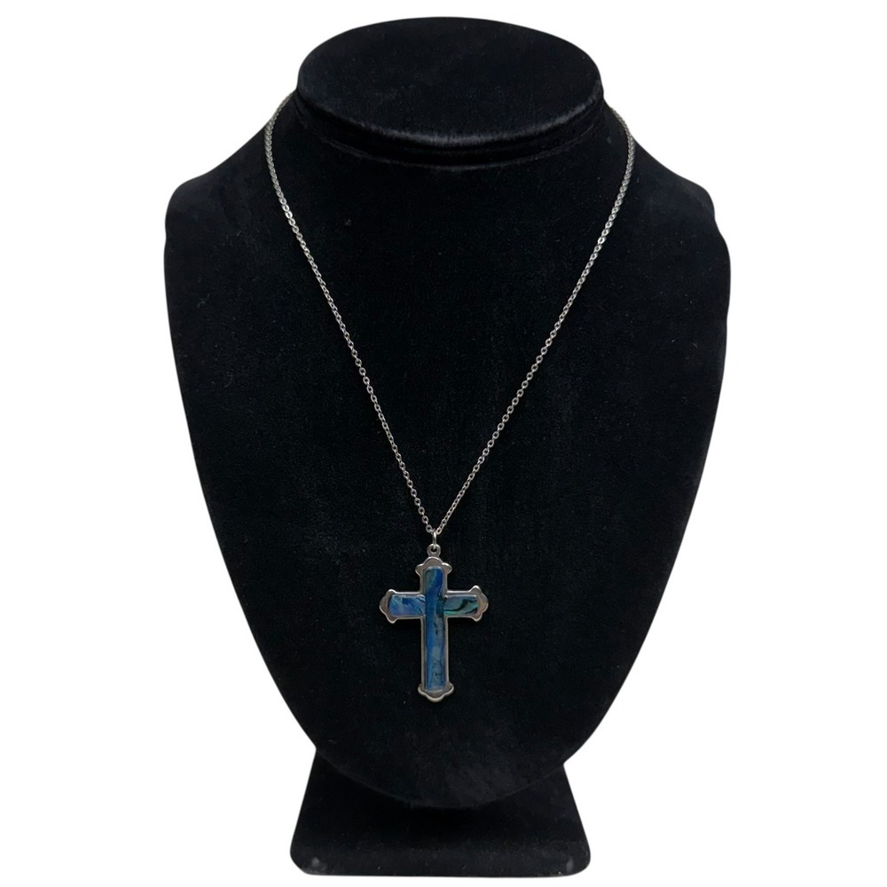 Dainty Silver Tone Abalone Cross Pendant Necklace Religious Jewelry 9.5 in L